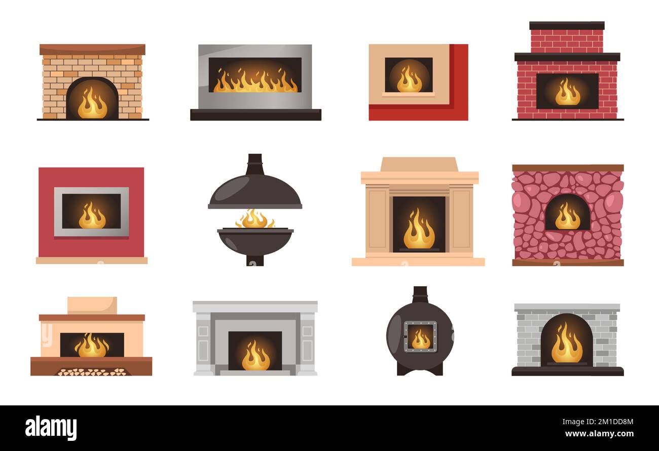 Caminetti. Caldo accogliente casa interno decorazione stufa a legna fiamme, comfort casa zona ricreativa in mattoni in pietra gesso. Vettore isolato Illustrazione Vettoriale