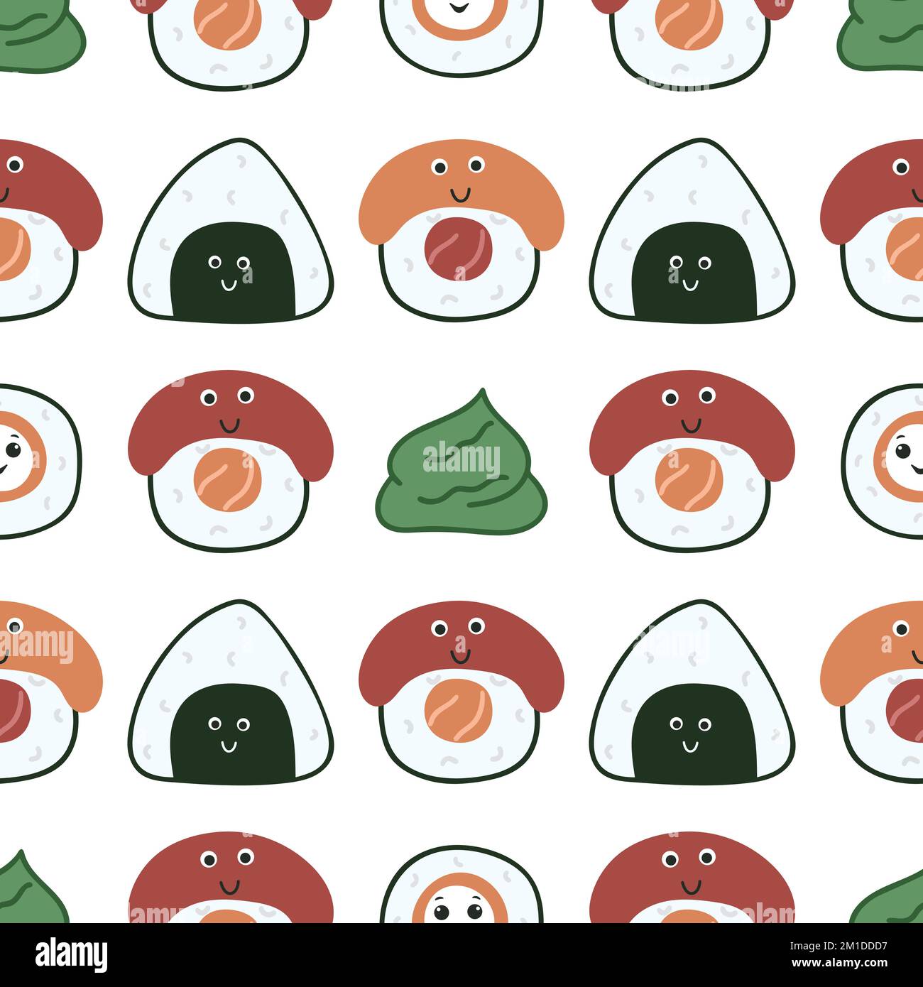 Sushi Kawaii e sashimi senza cuciture. Sfondo asiatico vettore alimentare. Caratteri carini stampati per tessuti, carta, imballaggio e design del prodotto Illustrazione Vettoriale