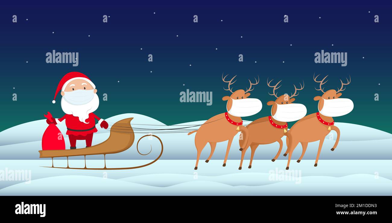 Babbo Natale in maschera medica cavalcando su slitta renne. Illustrazione vettoriale. Illustrazione Vettoriale