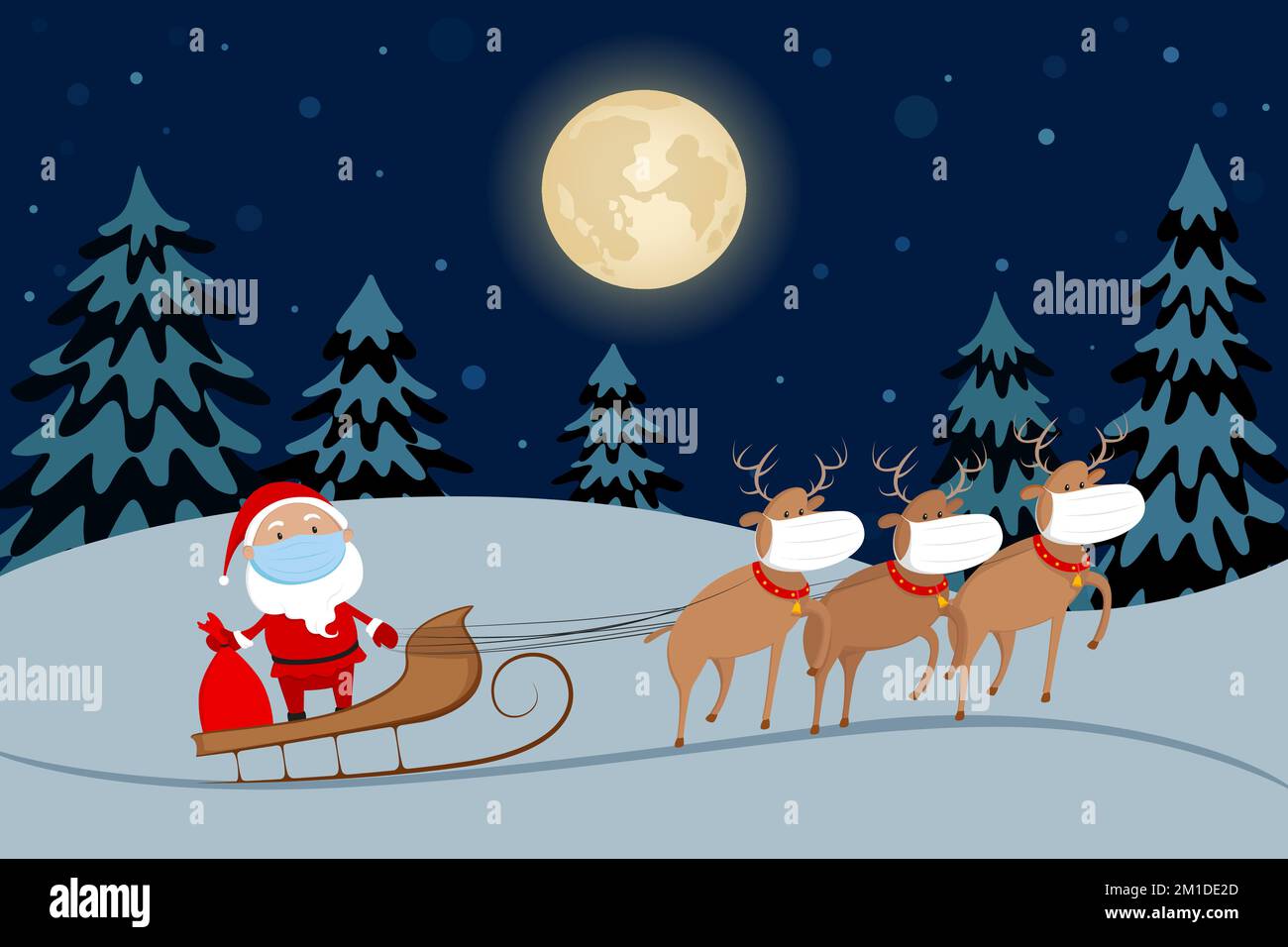 Babbo Natale in maschera medica cavalcare su slitta renne nella foresta notturna. Cartone animato. Illustrazione vettoriale. Illustrazione Vettoriale