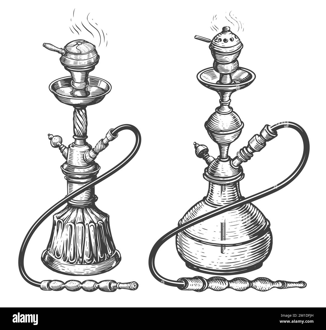 Hookah collezione schizzo isolato. Set di attrezzature per il fumo di tabacco. Illustrazione vintage disegnata a mano Foto Stock