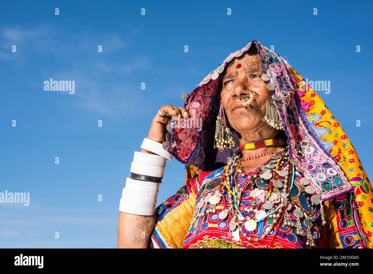 Un ritratto di una donna appartenente alla tribù locale di Lambani indossando i tradizionali abiti colorati Foto Stock Un ritratto di una donna appartenente alla tribù locale di Lambani indossando i tradizionali abiti colorati Foto Stock