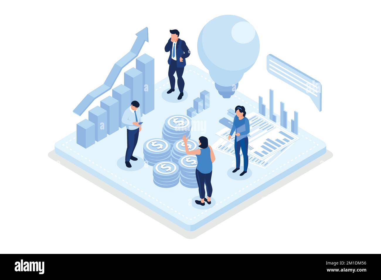 Persone personaggi con nuove idee creative per la gestione finanziaria. Sono in piedi vicino alla lampadina con grafici, grafici e diagrammi. Innovazione finanziaria C Illustrazione Vettoriale