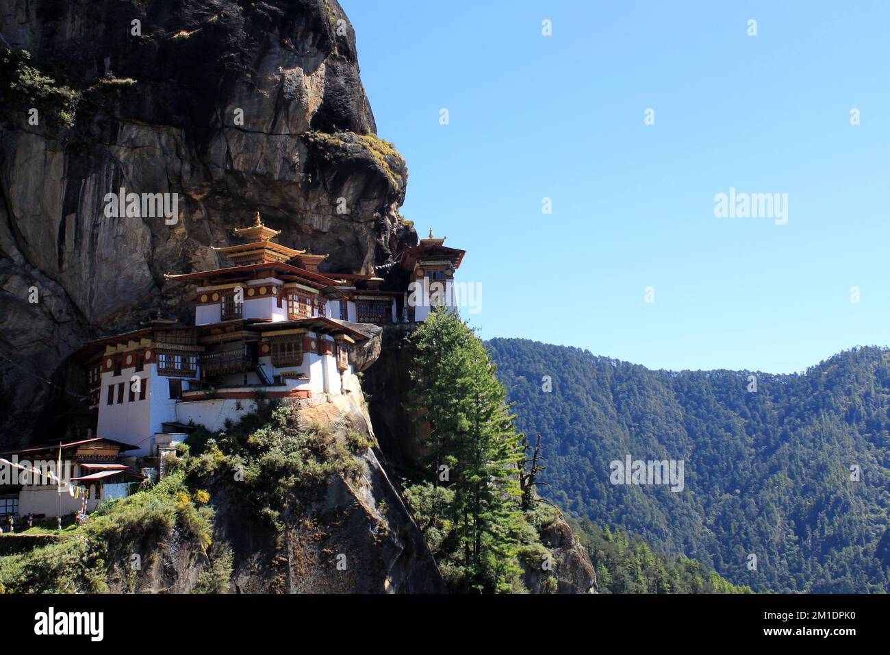 Vista del Tempio del Nido della Tigre in Bhutan Foto Stock