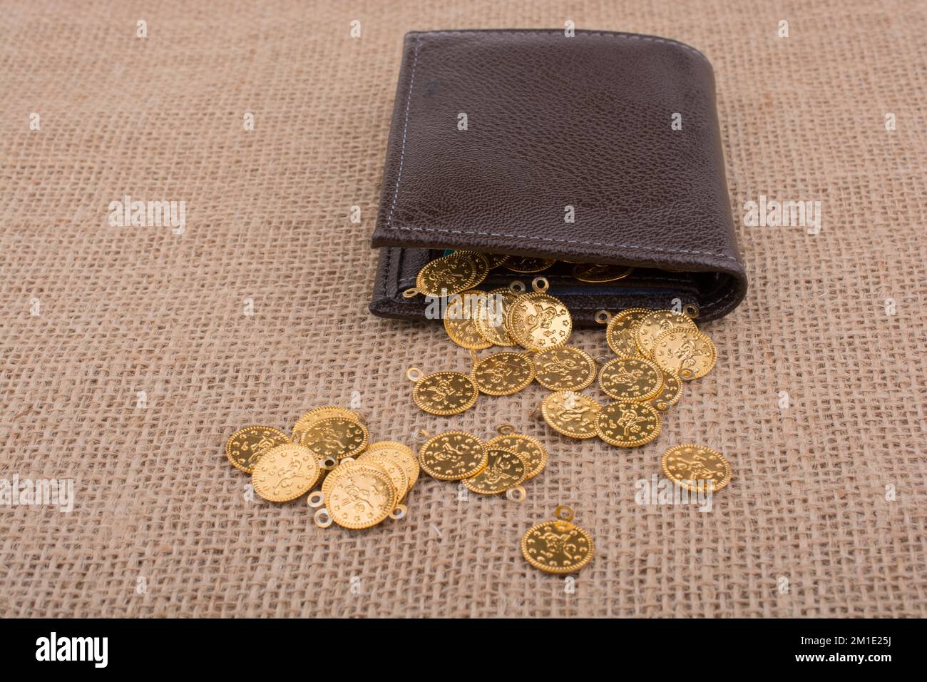 Portafoglio e abbondanza di false monete d oro su tela Foto Stock