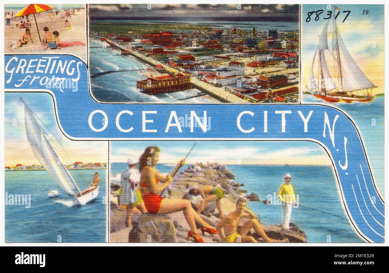 Saluti da Ocean City, N.J.. , Spiagge, Città & Villaggi, Barche, Tichnor Brothers Collection, Cartoline degli Stati Uniti Foto Stock