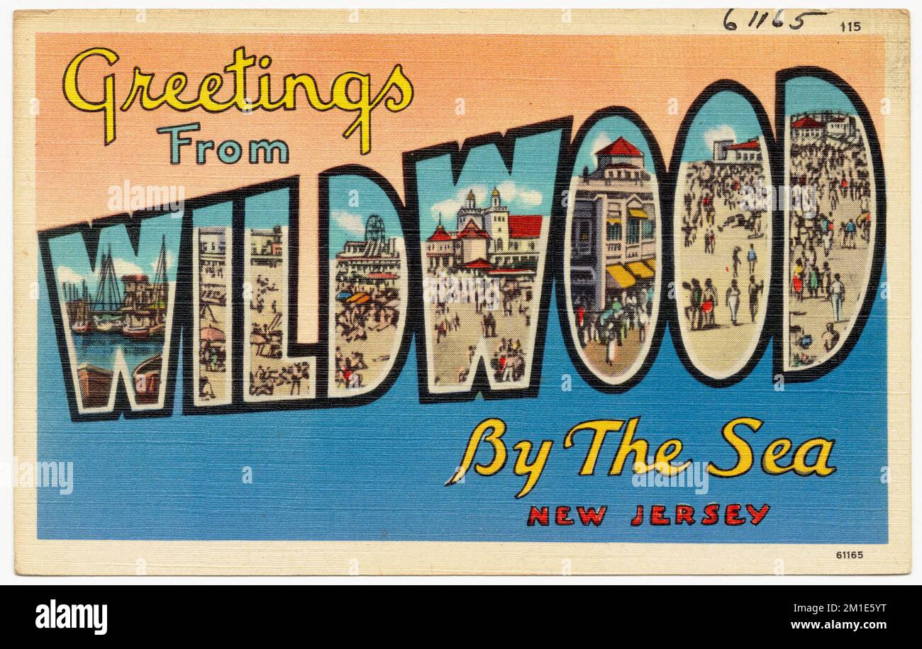 Saluti da Wildwood by the Sea, New Jersey, spiagge, Tichnor Brothers Collection, cartoline degli Stati Uniti Foto Stock
