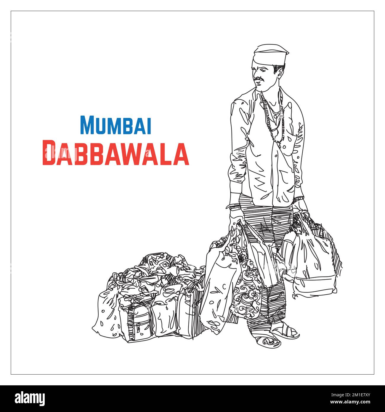 Servizio Dabbawala a Mumbai. Dabbawala con illustrazione della bicicletta, il famoso servizio pranzo Dabbawala a Churchgate Stazione ferroviaria; Mumbai, India arte Foto Stock