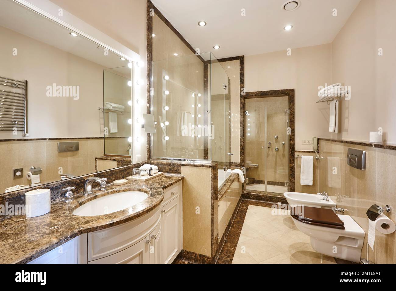 Bagno di lusso rifinito in marmo. Decorazioni classiche ed eleganti. Nodody Foto Stock