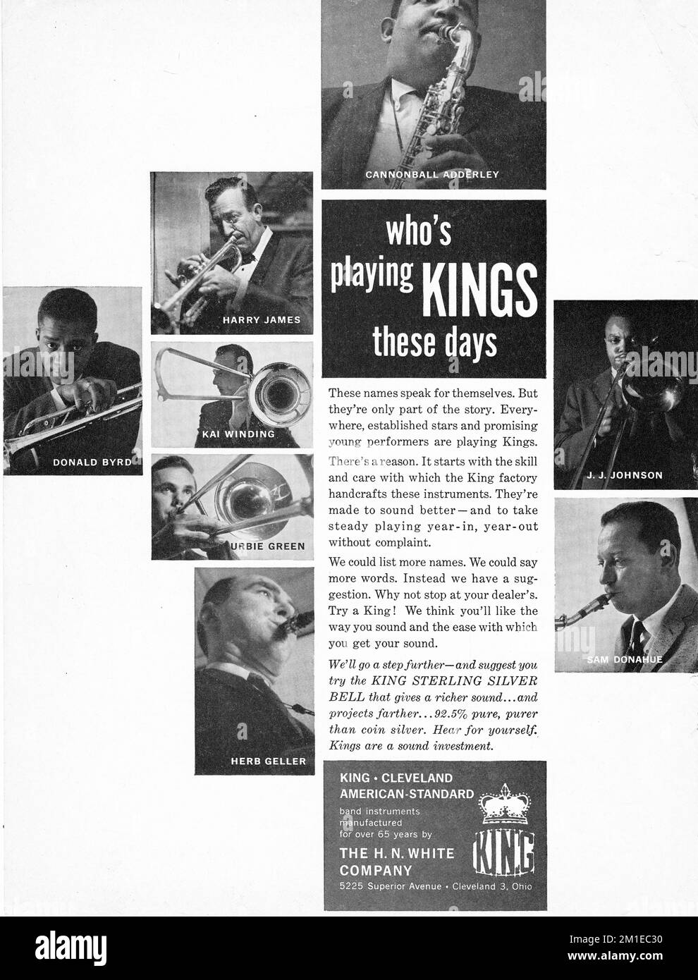 Un ad forking Instruments con un gruppo diversificato di musicisti jazz. Da una rivista musicale del 1961 dove ha eseguito a pagina intera. Foto Stock