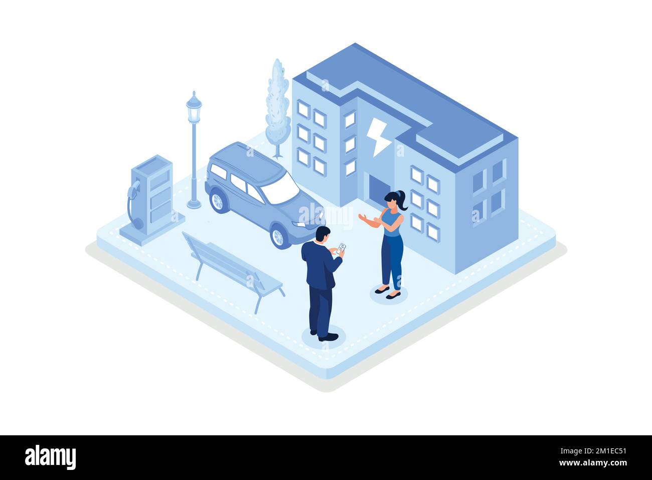 Trasporto sostenibile, veicolo elettrico privato vicino alla stazione di ricarica, disegno vettoriale isometrico moderno Illustrazione Vettoriale