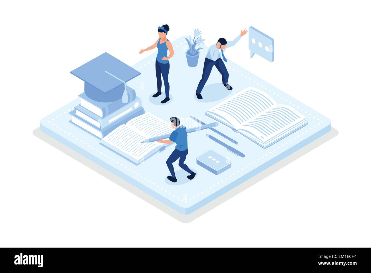 Lezioni di scuola e prescolare materie, personaggi nelle classi scolastiche imparare la lingua con libri, illustrazione moderna isometrica vettoriale Illustrazione Vettoriale