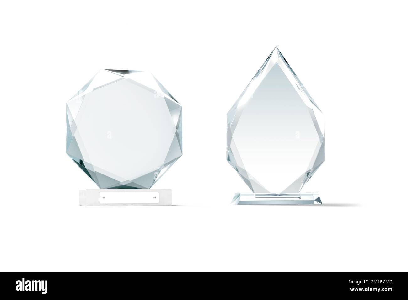 Freccia in vetro bianco e forma rotonda premio mockup, isolato, rendering 3D. Obiettivo trofeo acrilico vuoto per la simulazione del vincitore, vista frontale. Cancellare transpa Foto Stock