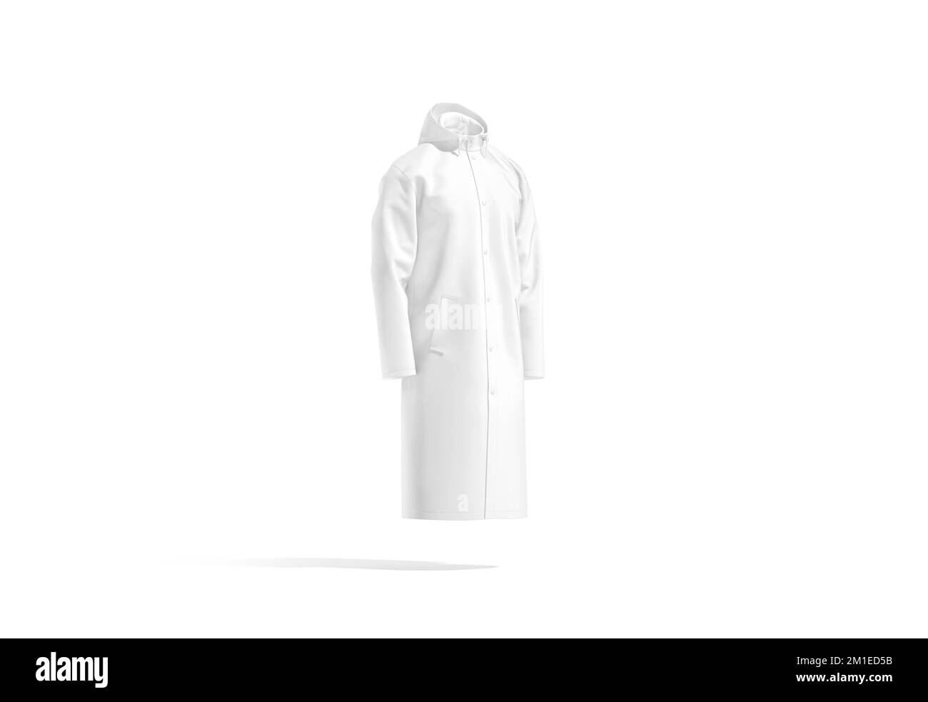 Bianco bianco protettivo impermeabile mock up, vista laterale, rendering 3D. Vuoto Proteggi lungo outerwear per la stagione mockup, isolato. Trasparente impermeabile Foto Stock