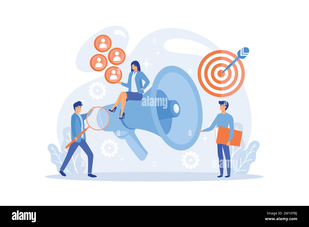 Uomo d'affari sguardo con lente d'ingrandimento al gruppo di destinazione. Segmentazione del mercato e pubblicità, mercato target e concetto di cliente su sfondo bianco, vettore piatto Illustrazione Vettoriale