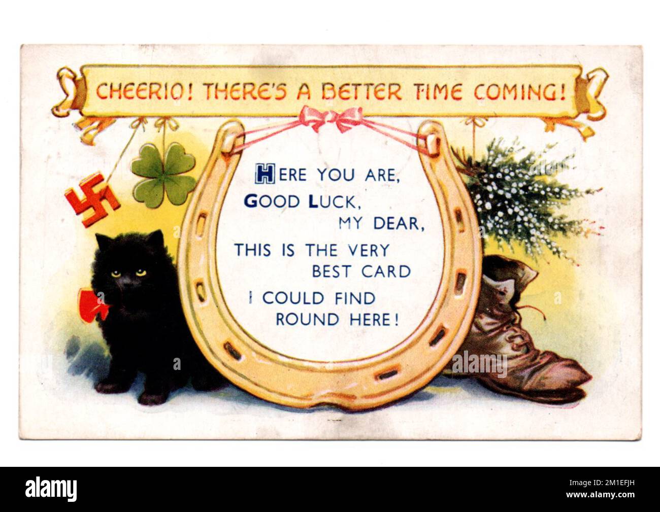 cartolina vintage Bambforth dalla serie 'buona fortuna' numero 4635 'Cheerio! C'è un momento migliore per arrivare'. La Swastika è un simbolo indù di pace. Foto Stock