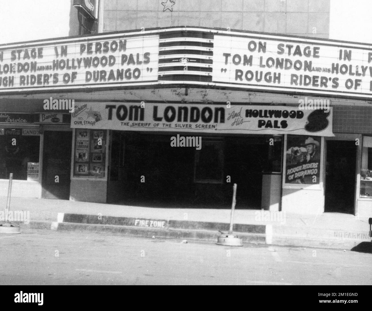 Movie Theatre Front a San Antonio, Texas, mostra LA CORSIA DI ALLAN ''ROCKY'' nei PILOTI PIÙ SCALTRI DEL regista DI DURANGO 1951 FRED C. BRANNON, con l'apparizione dal vivo dell'attore protagonista TOM LONDON e dei suoi Hollywood Pals Foto Stock