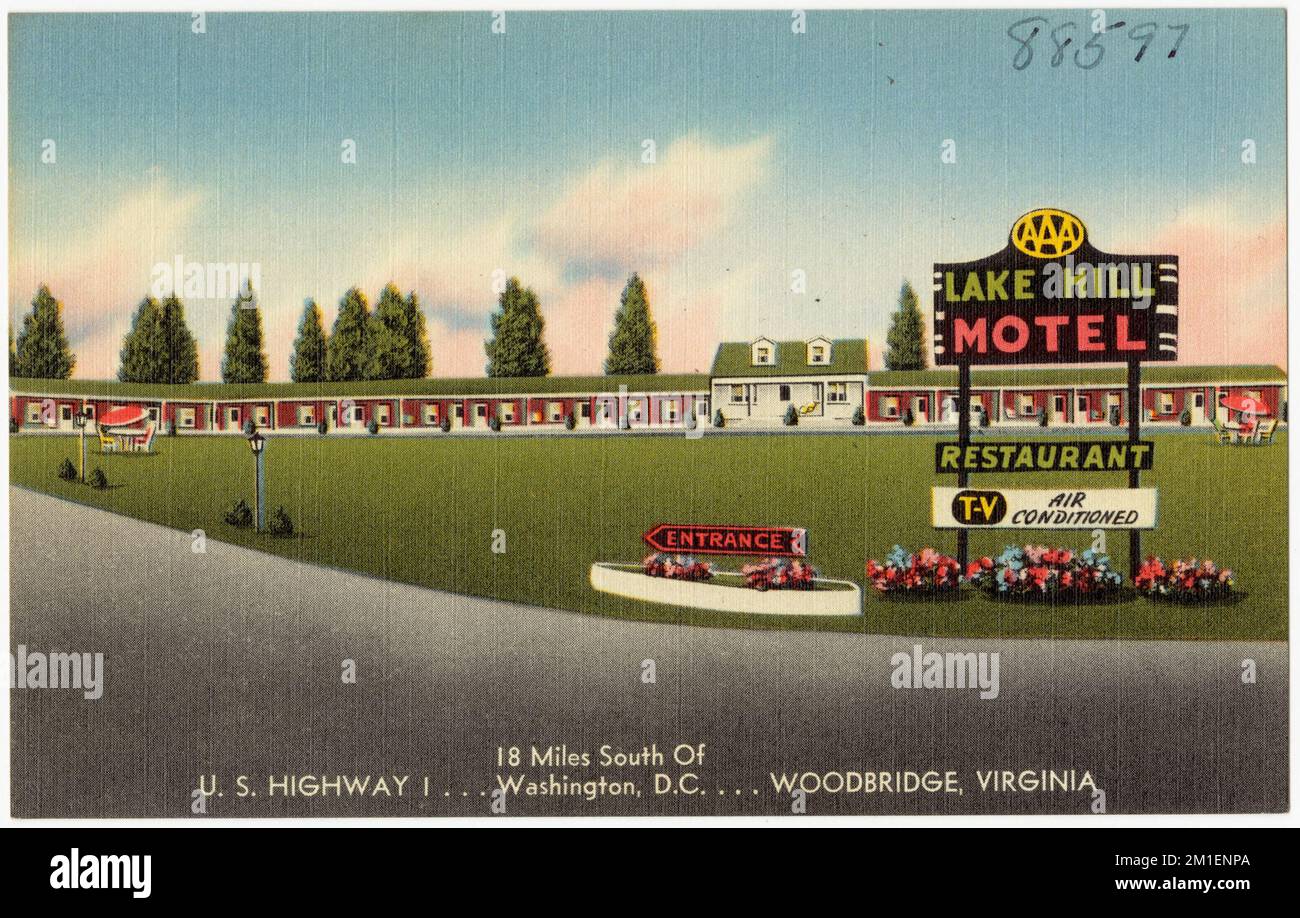 Lake Hill Motel, Stati Uniti Autostrada 1... 18 miglia a sud di Washington, D.C.. Woodbridge, Virginia , Motel, Tichnor Brothers Collection, cartoline degli Stati Uniti Foto Stock