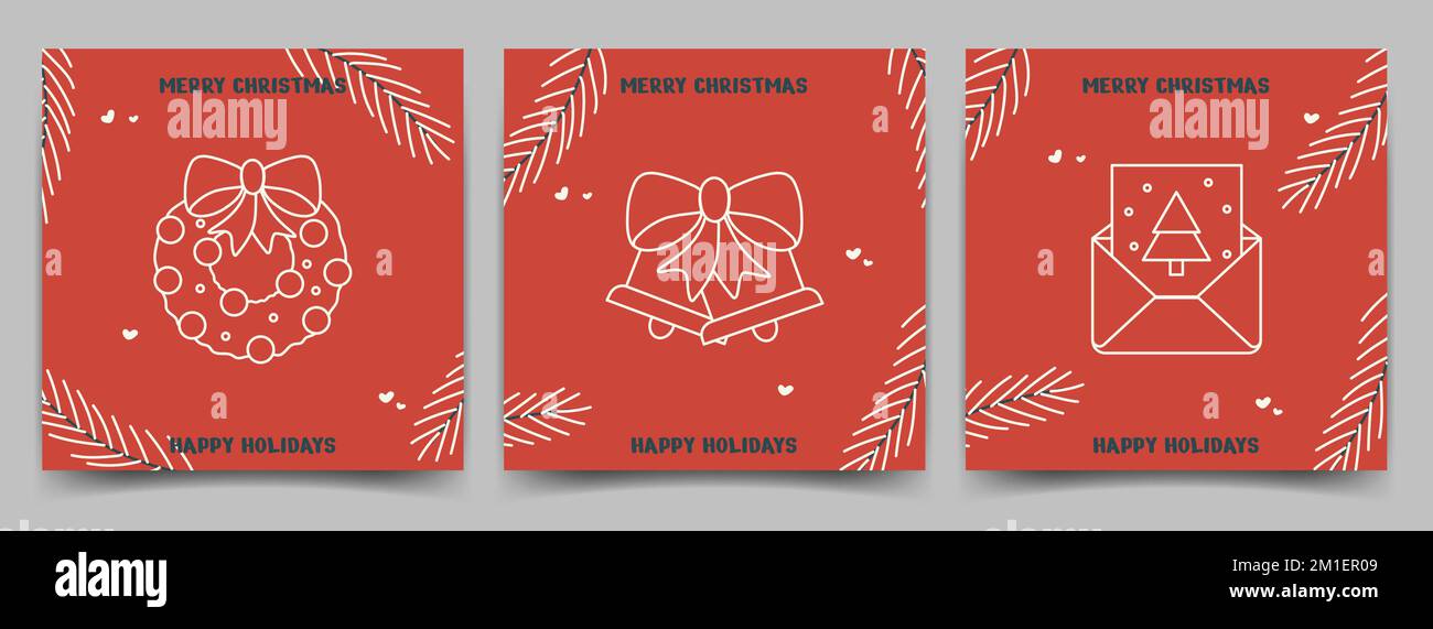 Cartoline Buon Natale. Modelli con elementi di linea campane, vino, cartolina, ramo di albero e testo. Biglietti d'auguri quadrati. Illustrazione vettoriale. Illustrazione Vettoriale