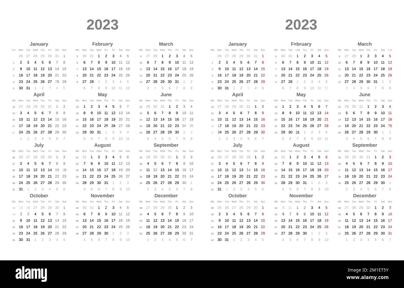 Semplice calendario in bianco e nero per 2023. La settimana inizia il lunedì. Domenica in rosso. 2023 modello calendario Illustrazione Vettoriale