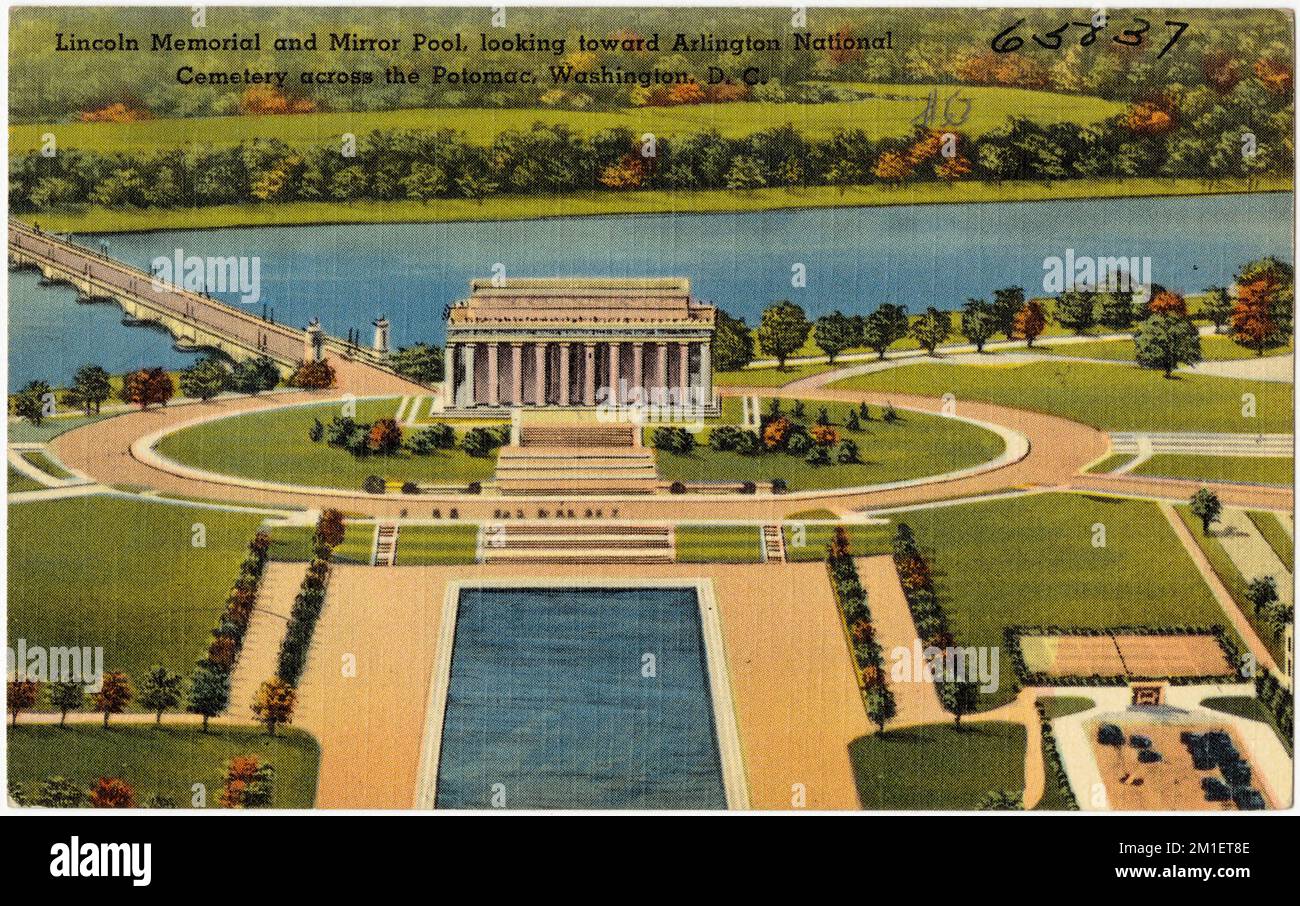 Lincoln Memorial e Mirror Pool, guardando verso Arlington National Cemetery attraverso il Potomac, Washington, D. C., Monumenti & Memoriali, Tichnor Brothers Collection, Cartoline degli Stati Uniti Foto Stock