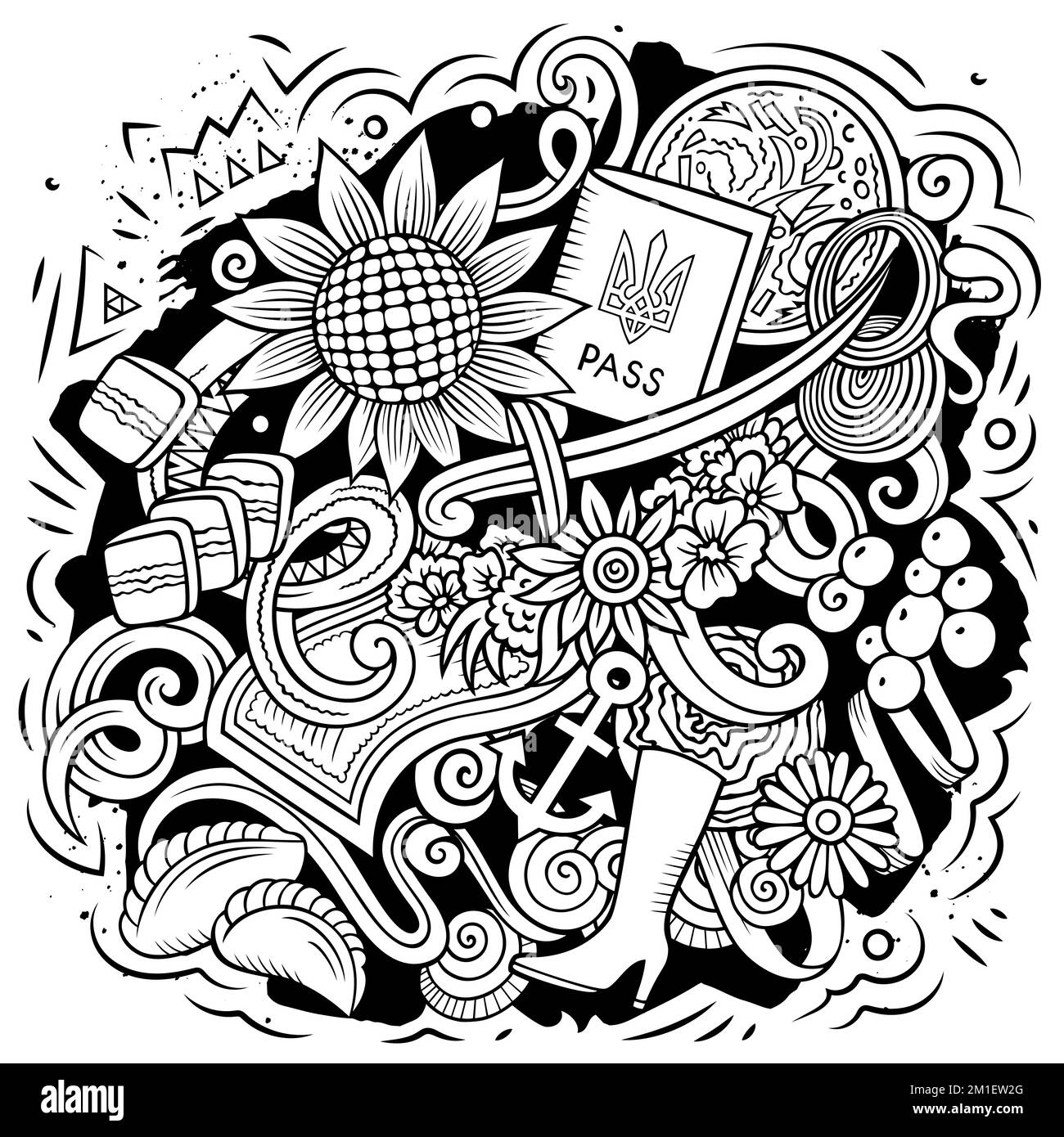 Ucraina cartoon doodle illustrazione. Divertente design ucraino. Illustrazione Vettoriale