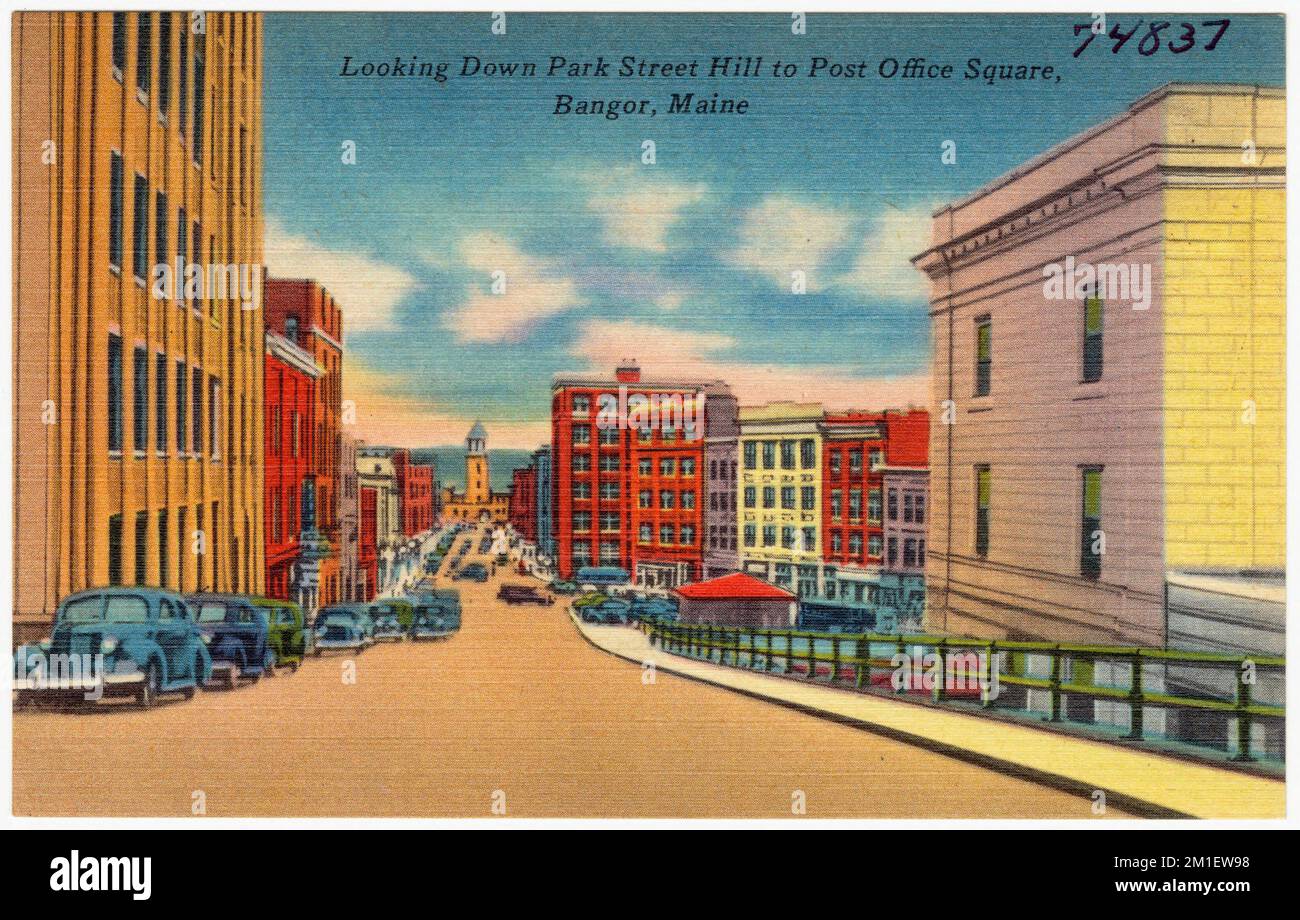 Guardando giù Park Street Hill a Post Office Square, Bangor, Maine , Città e città, Tichnor Brothers Collection, Cartoline degli Stati Uniti Foto Stock
