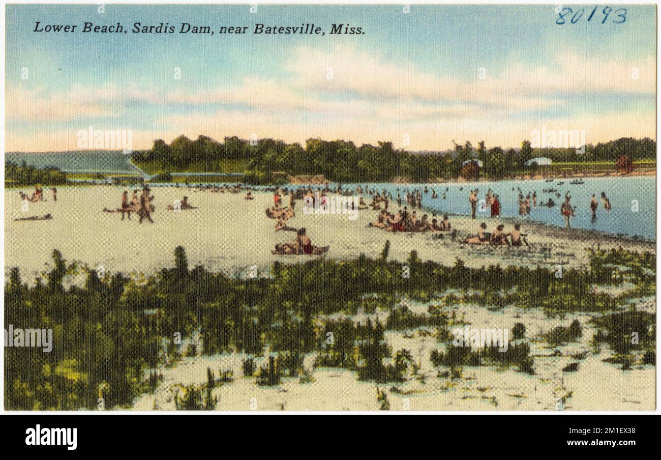 Spiaggia inferiore, diga di Sardi, vicino a Batesville, Miss. , Spiagge, Tichnor Brothers Collection, cartoline degli Stati Uniti Foto Stock