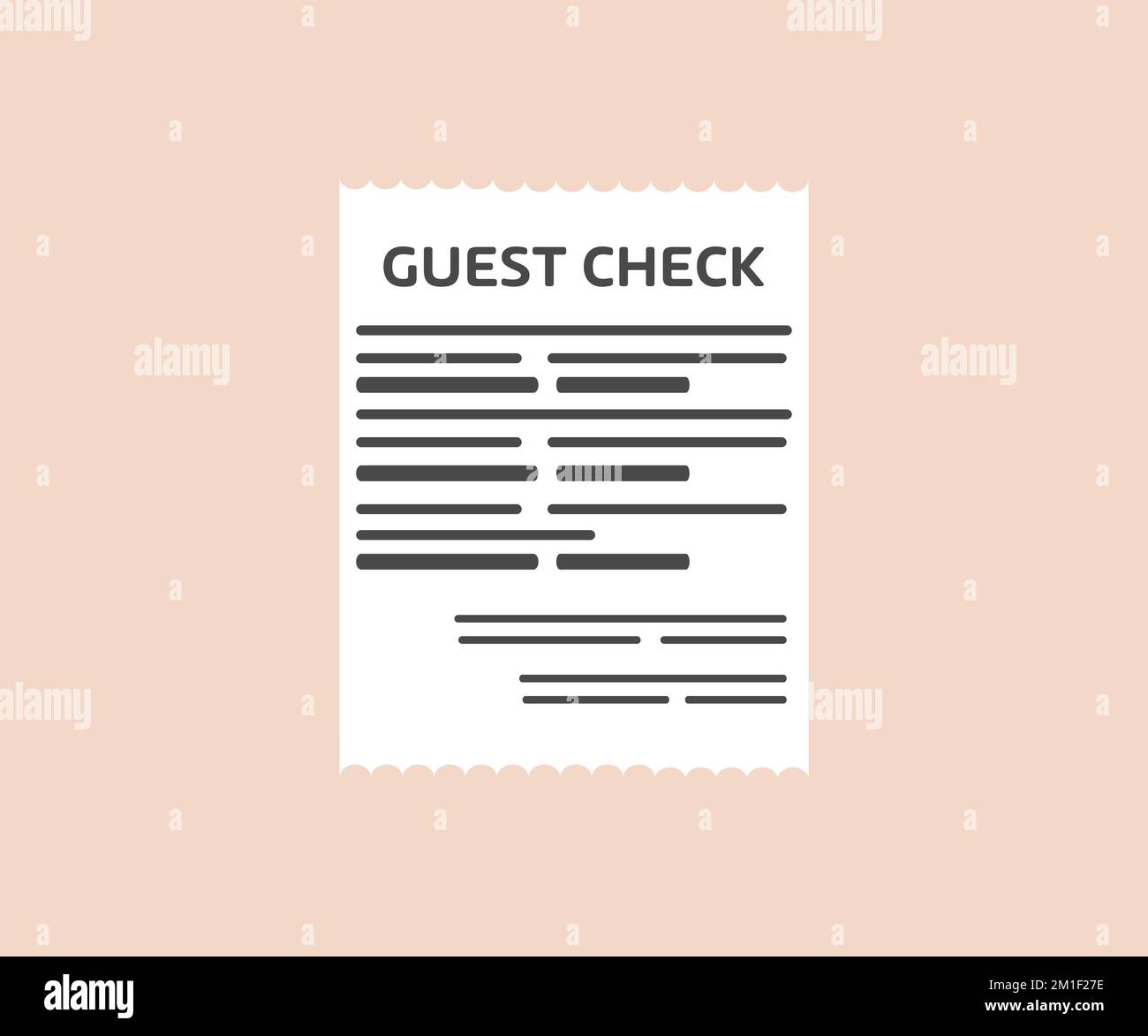 Design del logo della fattura Guest Check. Assegno di pagamento e ricevute. Carta finanziaria curva, fattura d'acquisto. Acquisto, fatturazione o calcolo del pagamento. Illustrazione Vettoriale