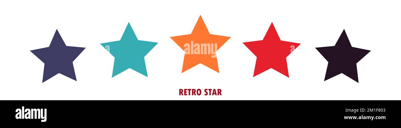 Colorato punteggio di 5 stelle in stile retrò su uno sfondo bianco. Concetto di feedback per app mobile o sito Web. Design di forma di qualità. Illustrazione vettoriale Illustrazione Vettoriale