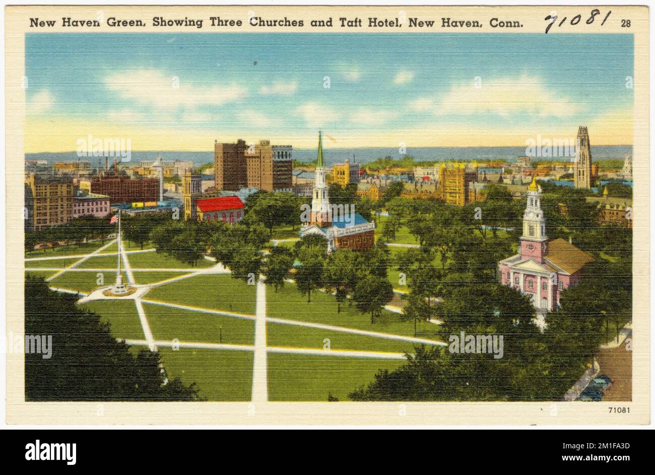 New Haven Green, con tre chiese e Taft Hotel, New Haven, Conn , Cities & Cities, Tichnor Brothers Collection, cartoline degli Stati Uniti Foto Stock