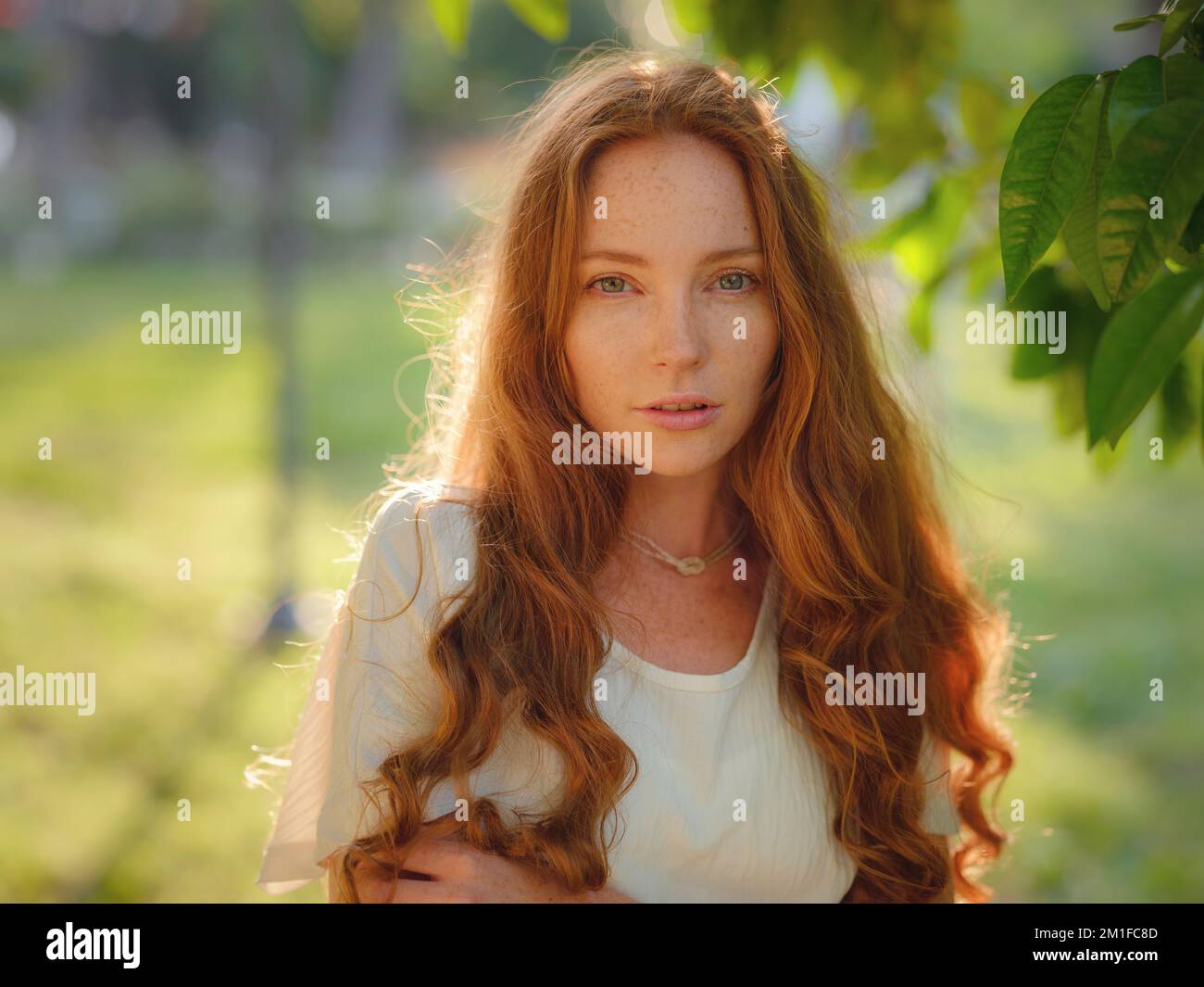 Bellezza Donna faccia con pelle sana e pianta verde al tramonto tempo all'aperto. Stile di vita sano, bellezza, concetto naturale. Bel ritratto melanconico Foto Stock