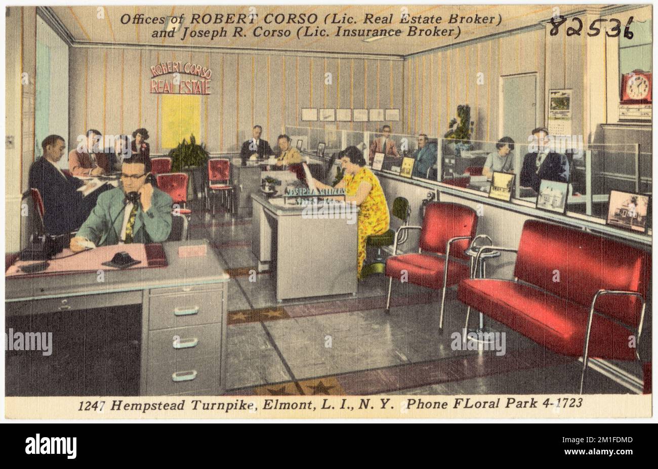 Uffici di Robert corso (lic. Real Estate Broker) e Joseph R. corso (lic. Insurance Broker). 1247 Hempstead Turnpike, Elmont, L. I., N. Y., Phone Floral Park 4-1723 , Commercial facilities, Tichnor Brothers Collection, cartoline degli Stati Uniti Foto Stock