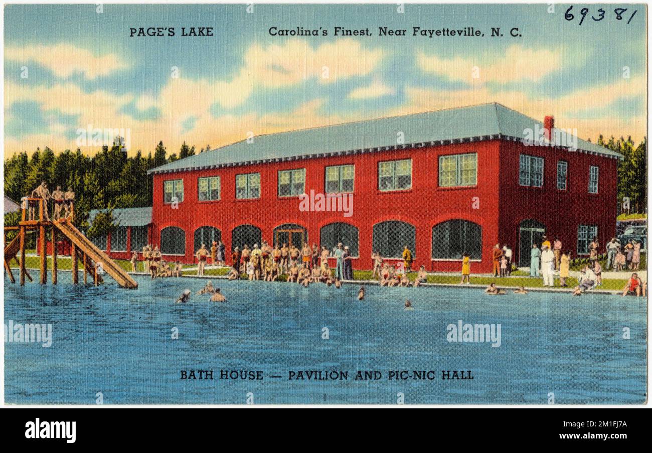 Page Lake, Carolina's Finest, vicino Fayetteville, N. C., bagno casa -- Padiglione e sala pic-nic, Laghi & stagni, Tichnor Brothers Collection, cartoline degli Stati Uniti Foto Stock