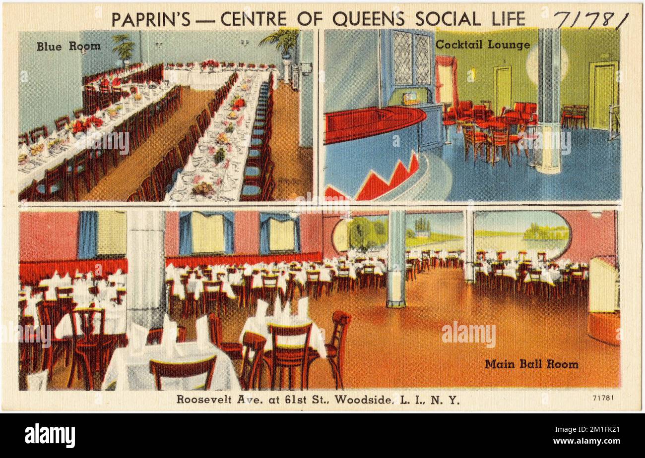 Pabrin's -- centro della vita sociale delle Regine, Roosevelt Ave. A 61st St., Woodside, L. I., N. Y., ristoranti, Bar, Tichnor Brothers Collection, cartoline degli Stati Uniti Foto Stock