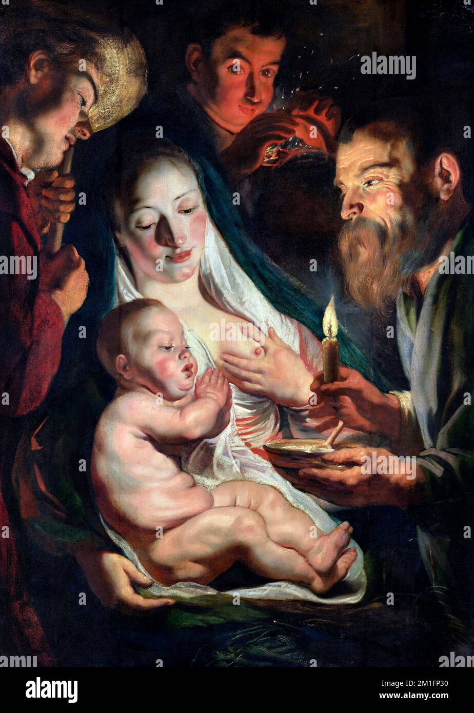 La Sacra Famiglia con i Pastori di Jacob Jordaens (1593-1678), olio su canvaso, trasferito dal legno, 1616 Foto Stock