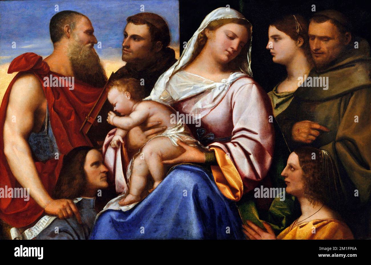 Madonna col Bambino con Santi e donatori del pittore italiano Sebastiano del Piombo (1485-1547), olio su legno Foto Stock