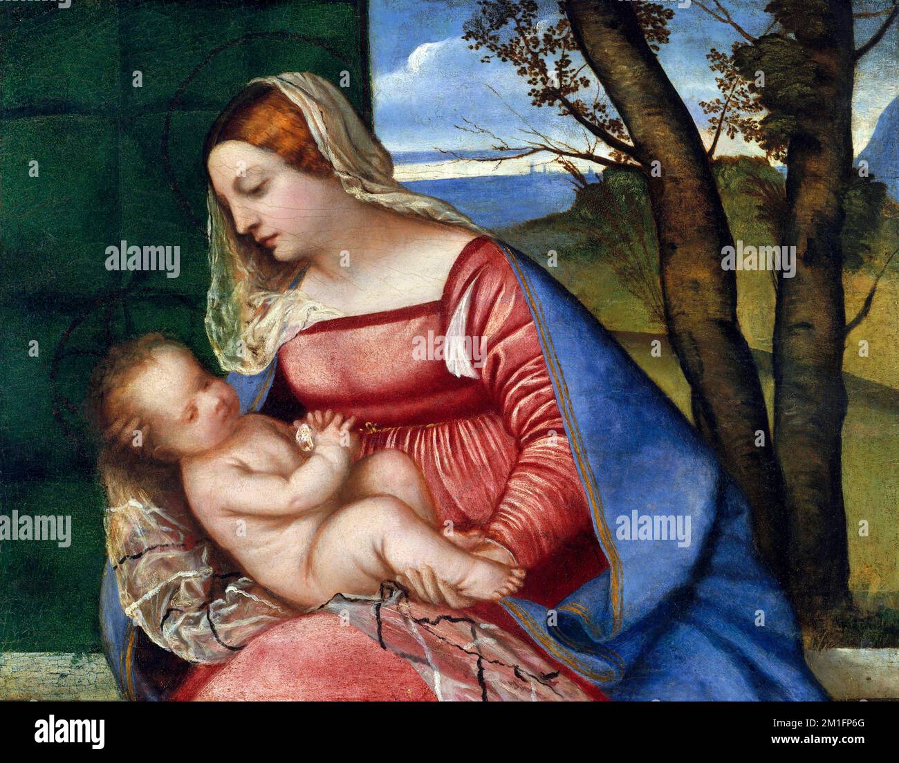 Madonna col Bambino di Tiziano Vecellio (Tiziano - 1490-1576), olio su legno, 1508 Foto Stock