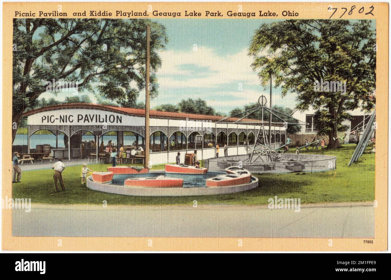 Picnic Pavilion e Kiddie Playland, Geauga Lake Park, Geauga Lake, Ohio, giostre, Tichnor Brothers Collection, cartoline degli Stati Uniti Foto Stock