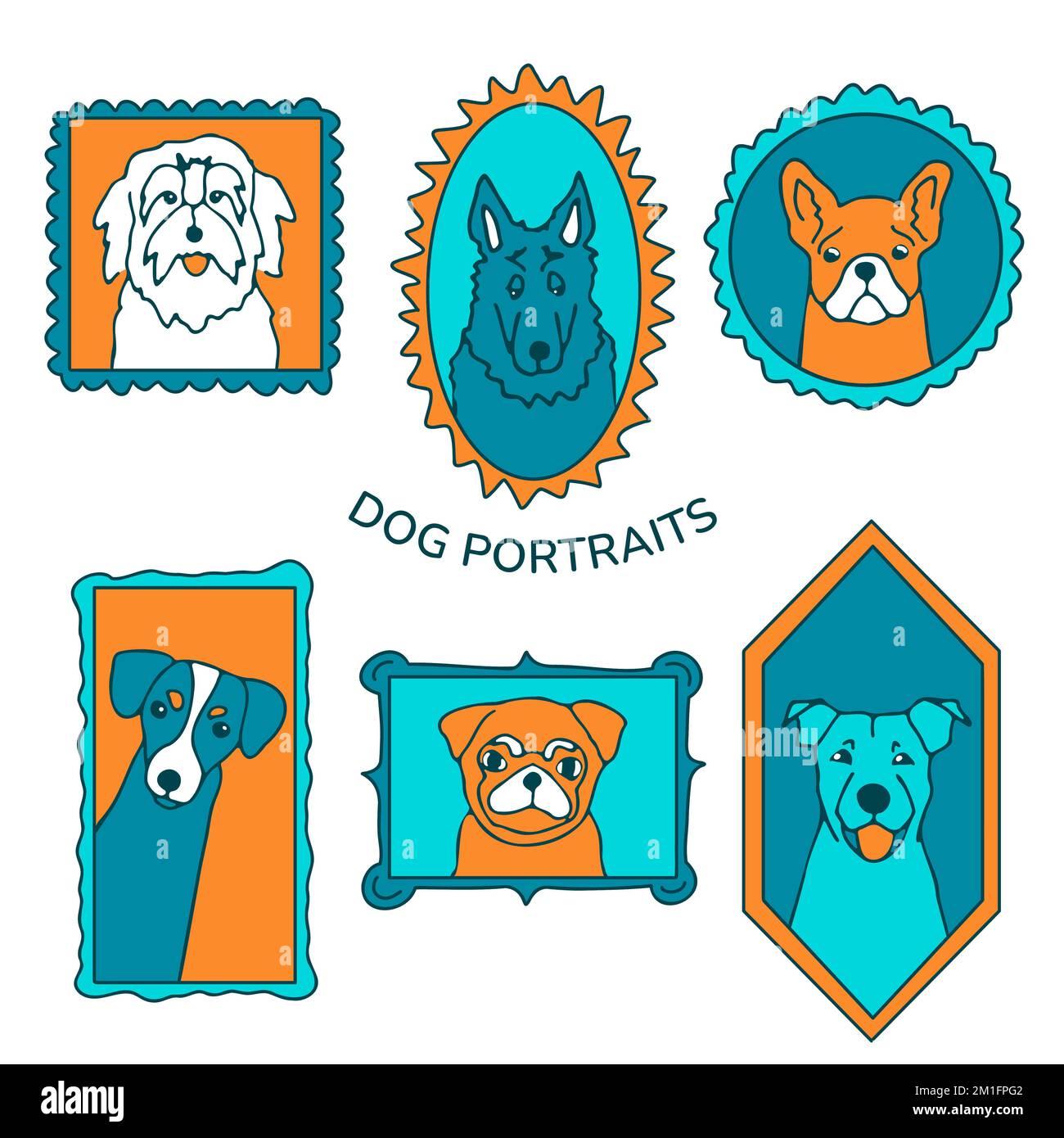 Set di ritratti di cani da scarabocchio. Carino contorno muzzle in vintage frame collezione. Razze di cane differenti in bordi semplici. Schizzo a inchiostro disegnato a mano. Illustrazione vettoriale. Illustrazione Vettoriale