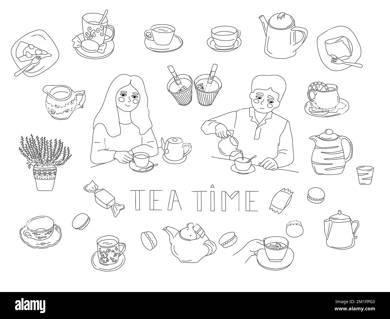Set di grandi taglie con articoli per il tè. Donna uomo con tazza di tè, teiera, torte, brocca del latte, bollitore, caramelle, bustine di tè, tè da portare, caffè all'interno. Illustrazione vettoriale. Illustrazione Vettoriale
