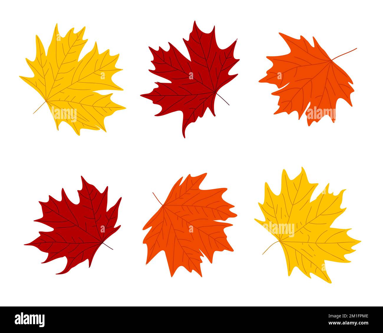 Coloratissimo set di foglie di acero d'autunno. Foglia rossa arancione giallo autunnale. Caduta foglia di acero. Semplici elementi astratti piatti per il design stagionale del fogliame. Illustrazione vettoriale. Illustrazione Vettoriale