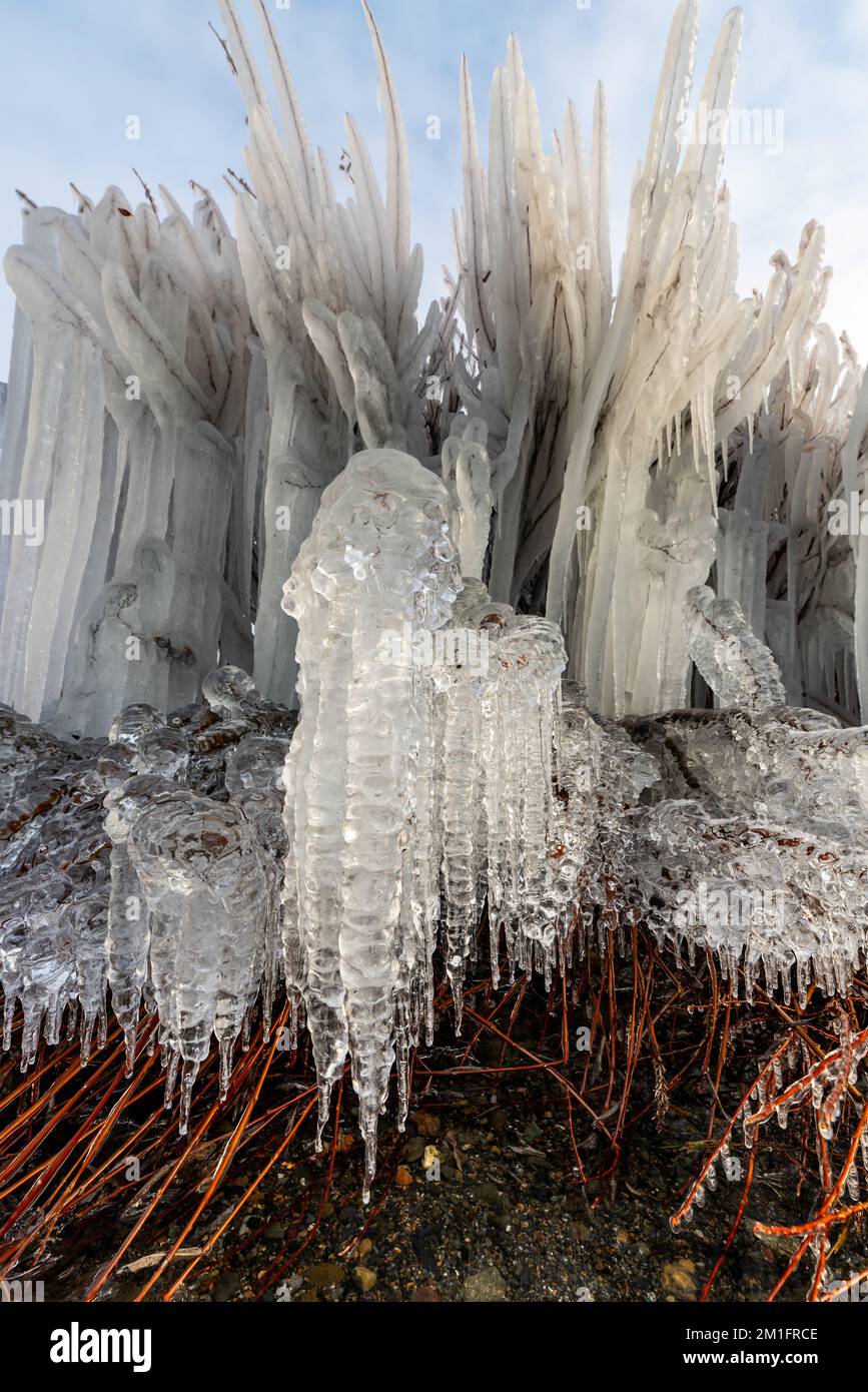 Tramonto su un lago ghiacciato nel nord del Canada all'inizio dell'inverno. Foto Stock