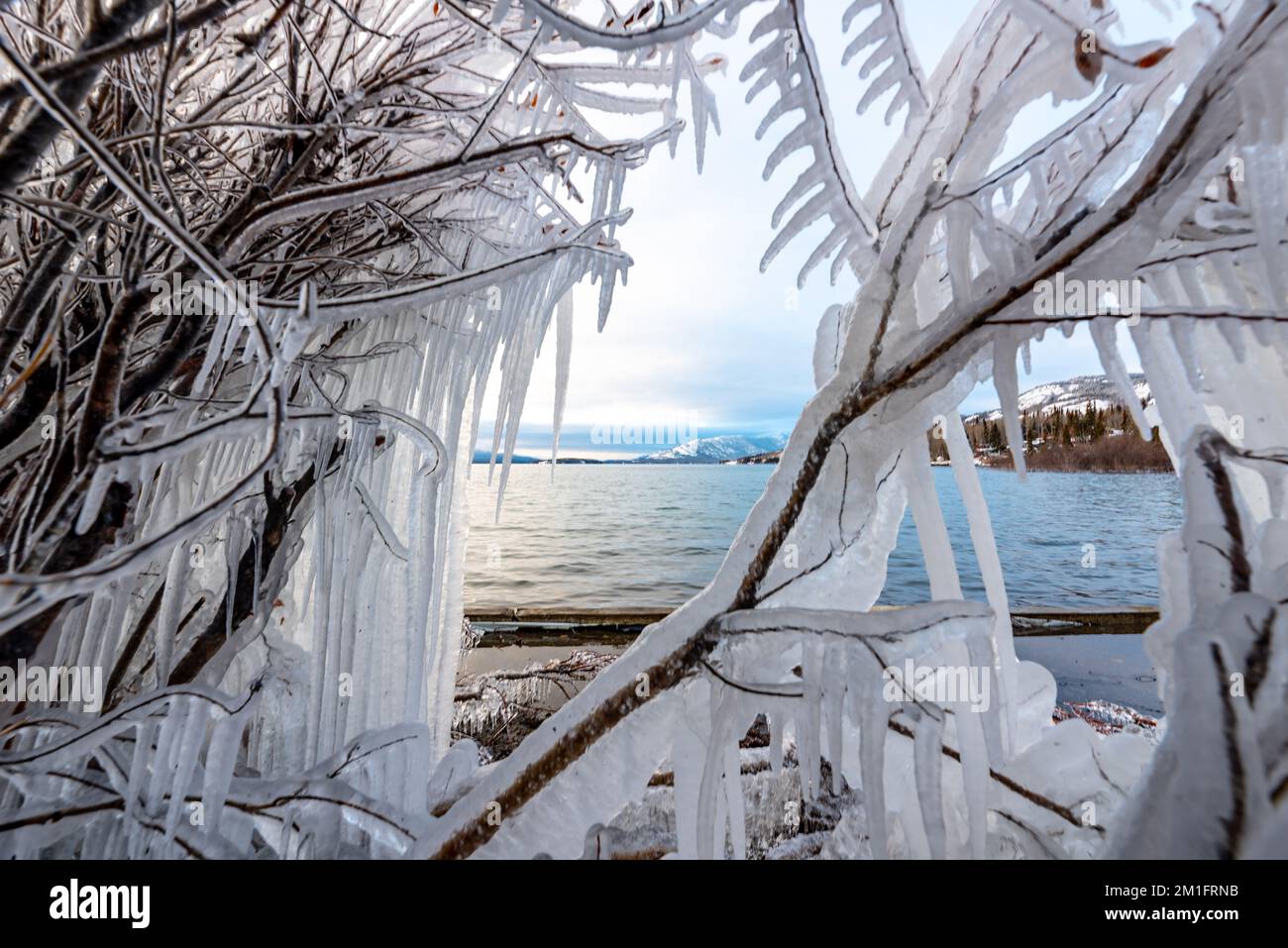 Tramonto su un lago ghiacciato nel nord del Canada all'inizio dell'inverno. Foto Stock