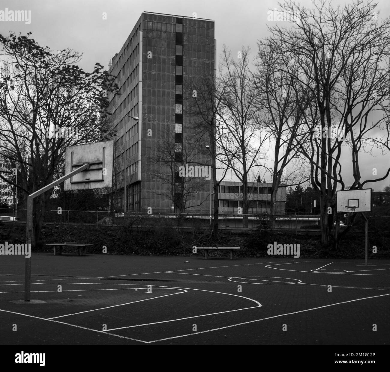 Un tiro in scala di grigi di un campo da basket nel cortile della scuola. Wiesbaden, Germania. Foto Stock