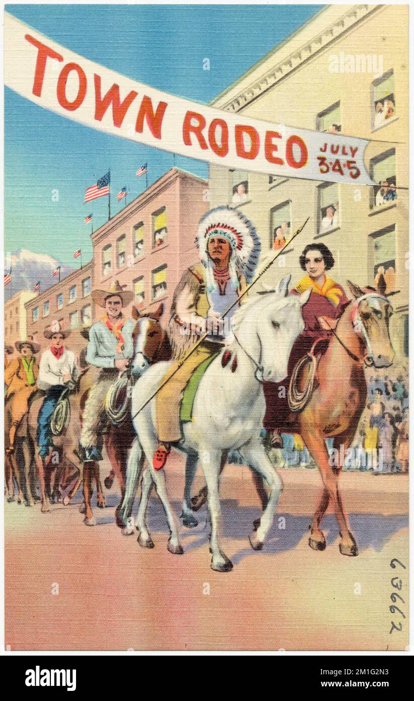 Rodeo Parade nel nord del Pacifico, le colorate sfilate di strada aprono ogni anno le celebrazioni cicloniche del roundup nelle città del ranch e del bestiame del nord-ovest. , Eventi, intrattenimento, Northern Pacific Railway Company, Tichnor Brothers Collection, cartoline degli Stati Uniti Foto Stock