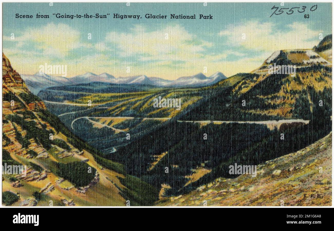 Scena da 'Going-to-the-Sun' Highway, Glacier National Park, Parchi, Montagne, Tichnor Brothers Collection, cartoline degli Stati Uniti Foto Stock