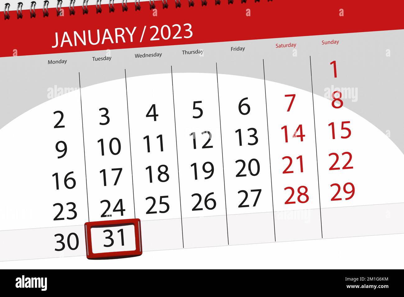 Calendario 2023, scadenza, giorno, mese, pagina, organizzatore, data, gennaio, martedì, numero 31. Foto Stock