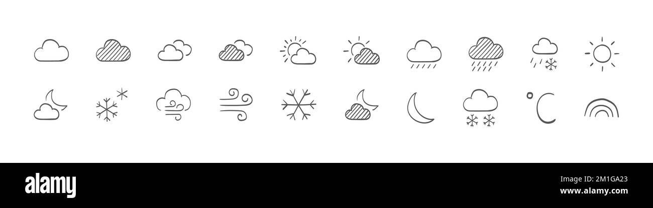 Icone meteo. Icone disegnate per le condizioni atmosferiche. Icone dei vettori meteo. Simboli dei segnali delle previsioni del tempo. Segni di piume. Illustrazione vettoriale Illustrazione Vettoriale