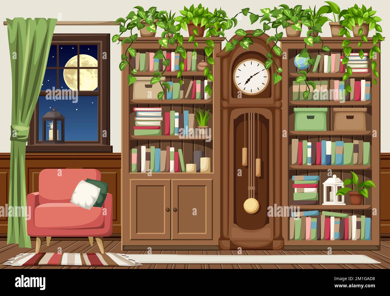 Interni vintage soggiorno con librerie, orologio nonno, una poltrona, una finestra, e un sacco di libri e piante da casa. Interno antico e accogliente d Illustrazione Vettoriale